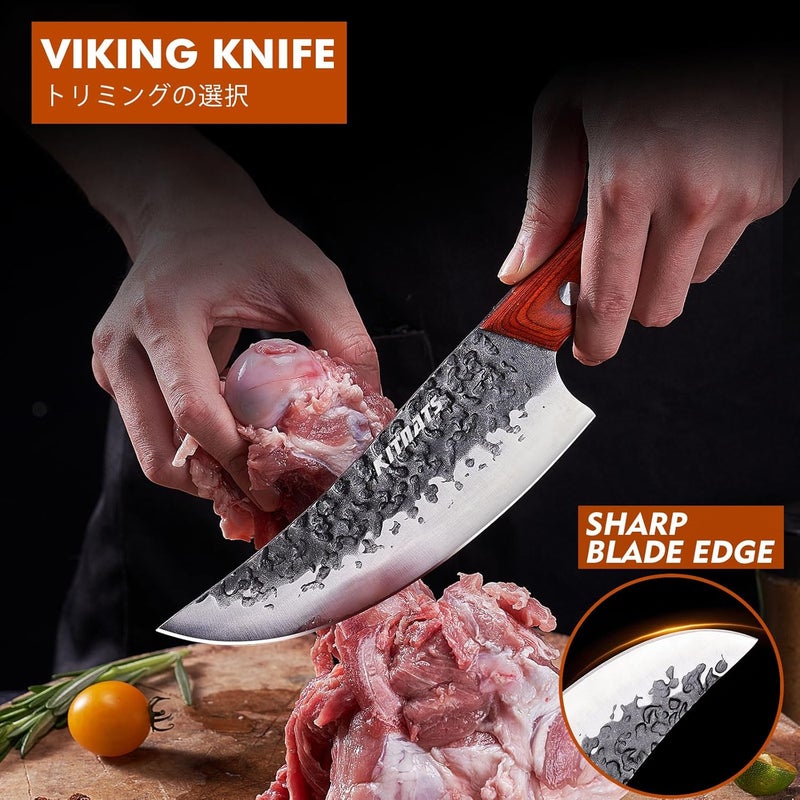 KITNATS Professional Butcher Knife Set, Hand Forged Heavy Duty Meat Cleaver Serbian Chef Knife Viking Boning Knife 3PCS Kitchen Set for Meat Cutting Home Kitchen Outdoor Camping BBQ Cooking Gift for Men - Image 5